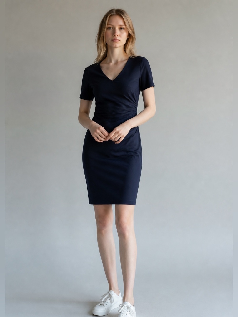 Boden Navy Sheath Dress V-Neck Short Sleeve Knee Pleated Zip Size 4